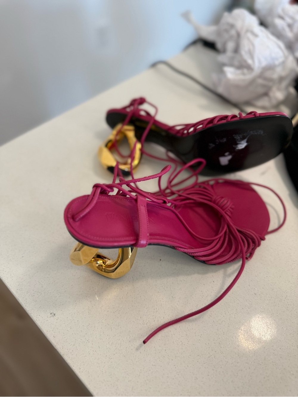 JW ANDERSON Fuchsia Lace-Up Sandals with Gold Sculptural Heel
